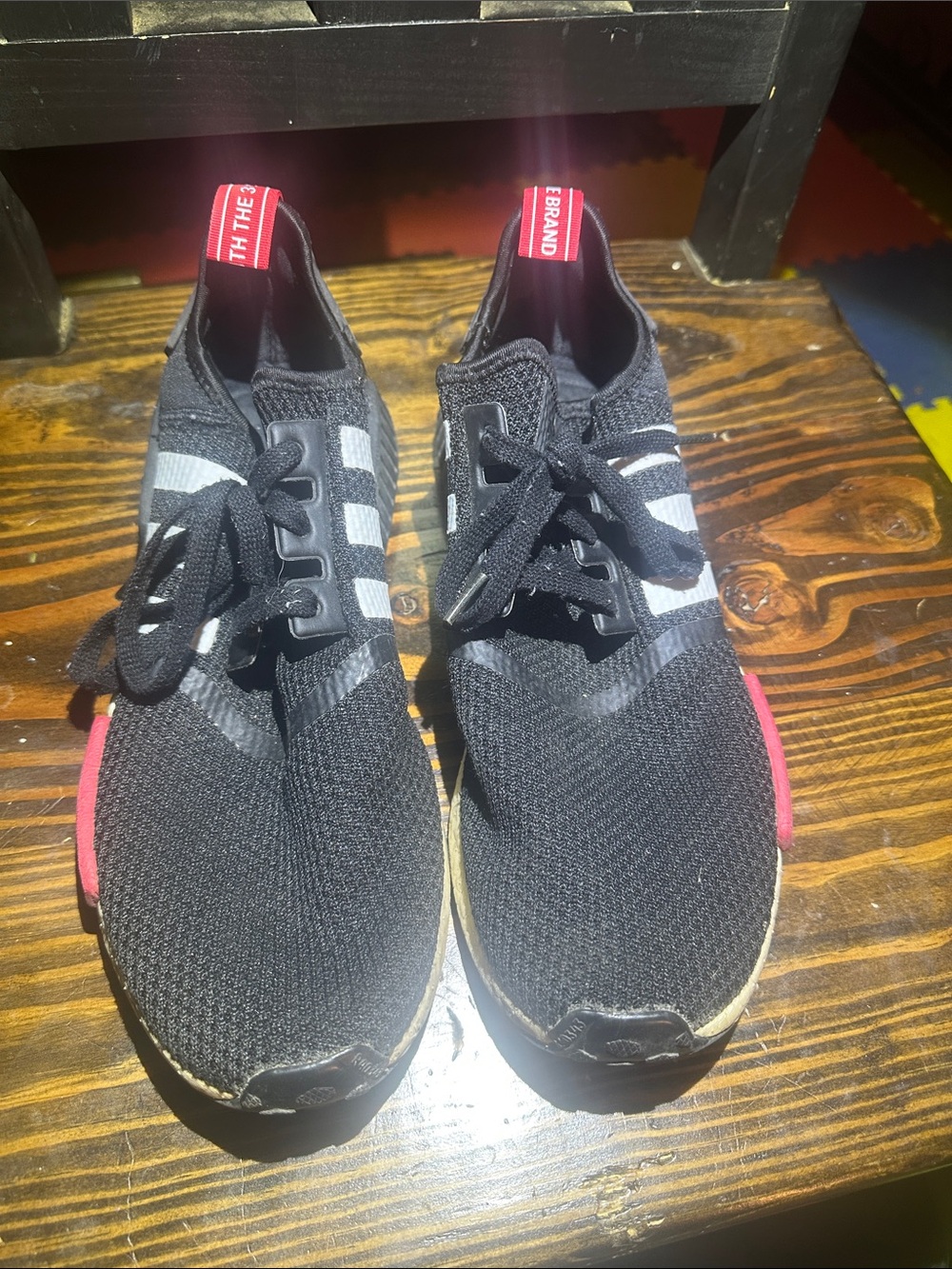 adidas Black Knit Sneakers with Red Heel Tabs and White Stripes Nomads